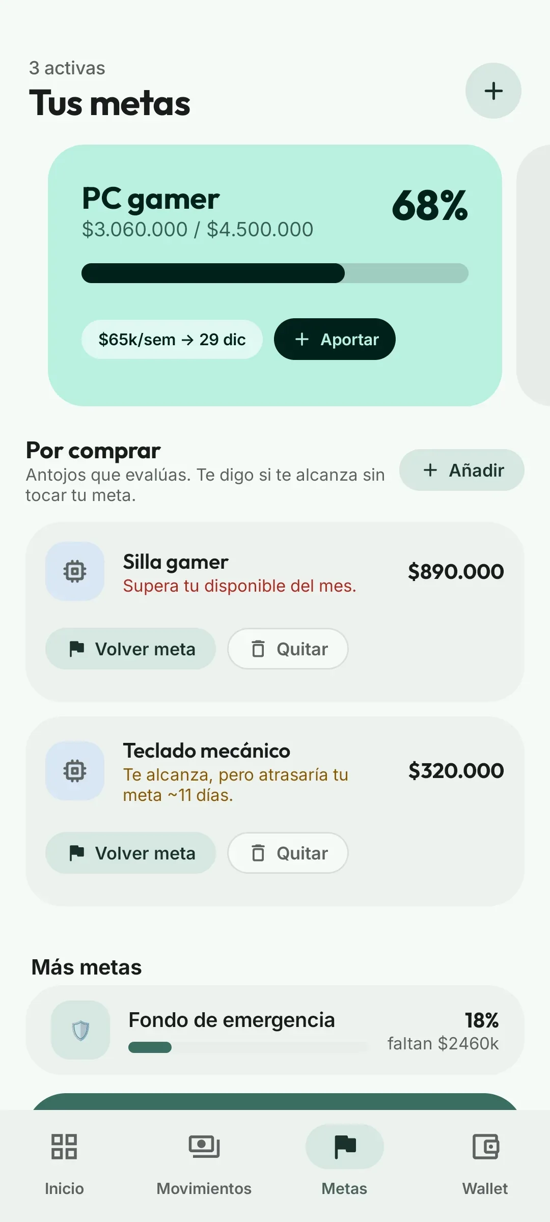 Lista «Por comprar» de Pleloot: la silla gamer de $890.000 supera el disponible del mes y el teclado mecánico de $320.000 atrasaría la meta unos 11 días.