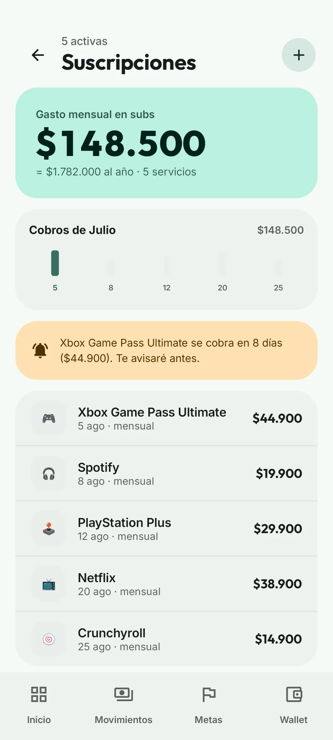 Pantalla de suscripciones de Pleloot: $148.500 al mes entre cinco servicios, $1.782.000 al año, y el aviso de que Xbox Game Pass Ultimate se cobra en 8 días.